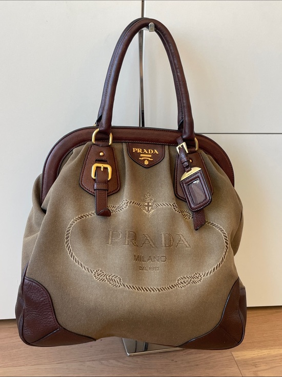 Prada Handbags - Prada Large Canapa Canvas Tote Brown Vitello Leather Trim Gold Hardware Italy